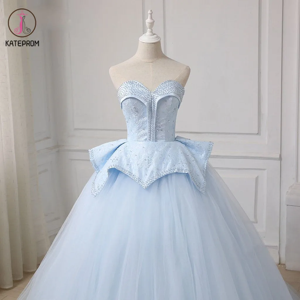 Kateprom Light Blue Sweetheart Ball Gown Beading Tulle Prom Dress, Sweep Train Quinceanera Dress KPP1183