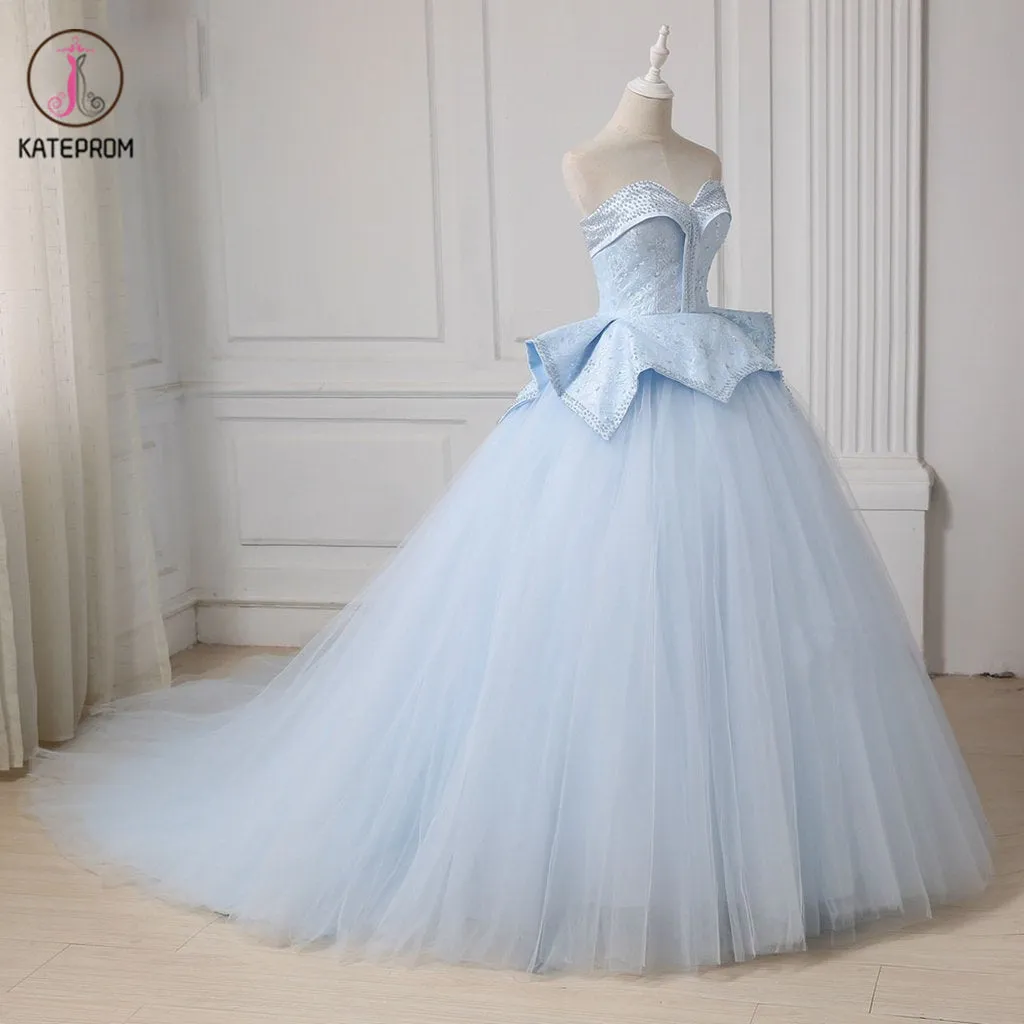 Kateprom Light Blue Sweetheart Ball Gown Beading Tulle Prom Dress, Sweep Train Quinceanera Dress KPP1183