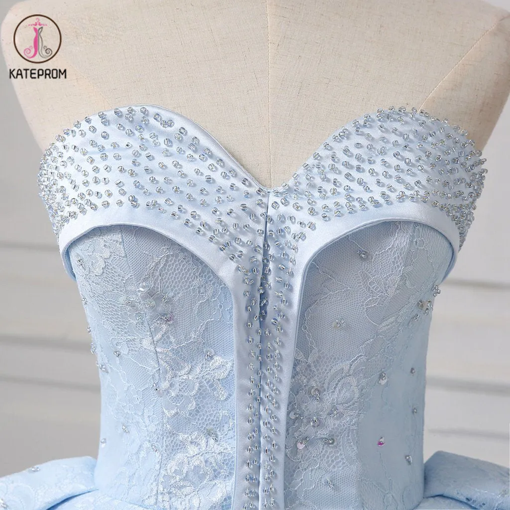 Kateprom Light Blue Sweetheart Ball Gown Beading Tulle Prom Dress, Sweep Train Quinceanera Dress KPP1183