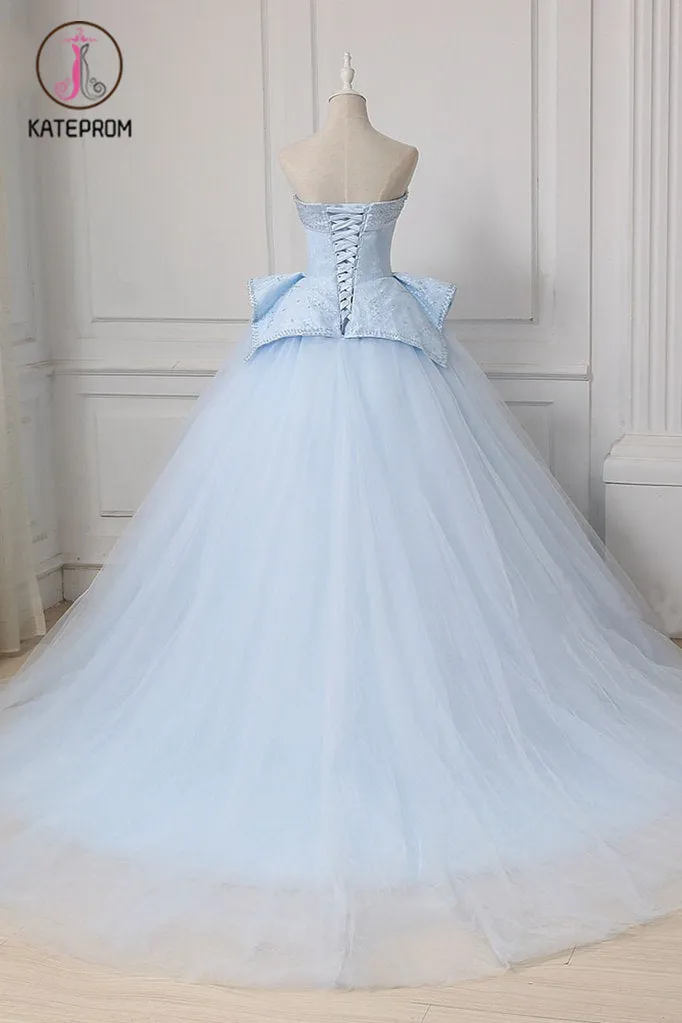 Kateprom Light Blue Sweetheart Ball Gown Beading Tulle Prom Dress, Sweep Train Quinceanera Dress KPP1183