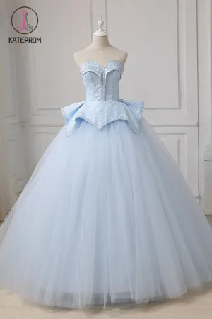 Kateprom Light Blue Sweetheart Ball Gown Beading Tulle Prom Dress, Sweep Train Quinceanera Dress KPP1183