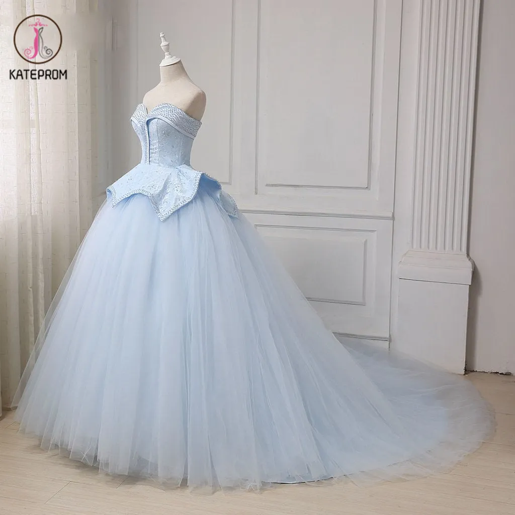 Kateprom Light Blue Sweetheart Ball Gown Beading Tulle Prom Dress, Sweep Train Quinceanera Dress KPP1183