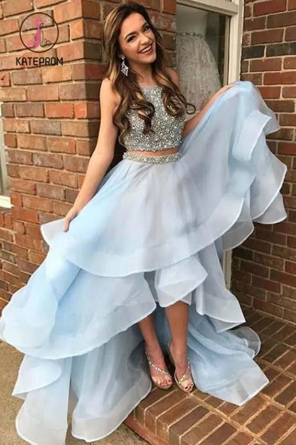Kateprom Light Blue Two Piece Beading High Low Prom Dresses, Sparkly Sleeveless Evening Dress KPP0899