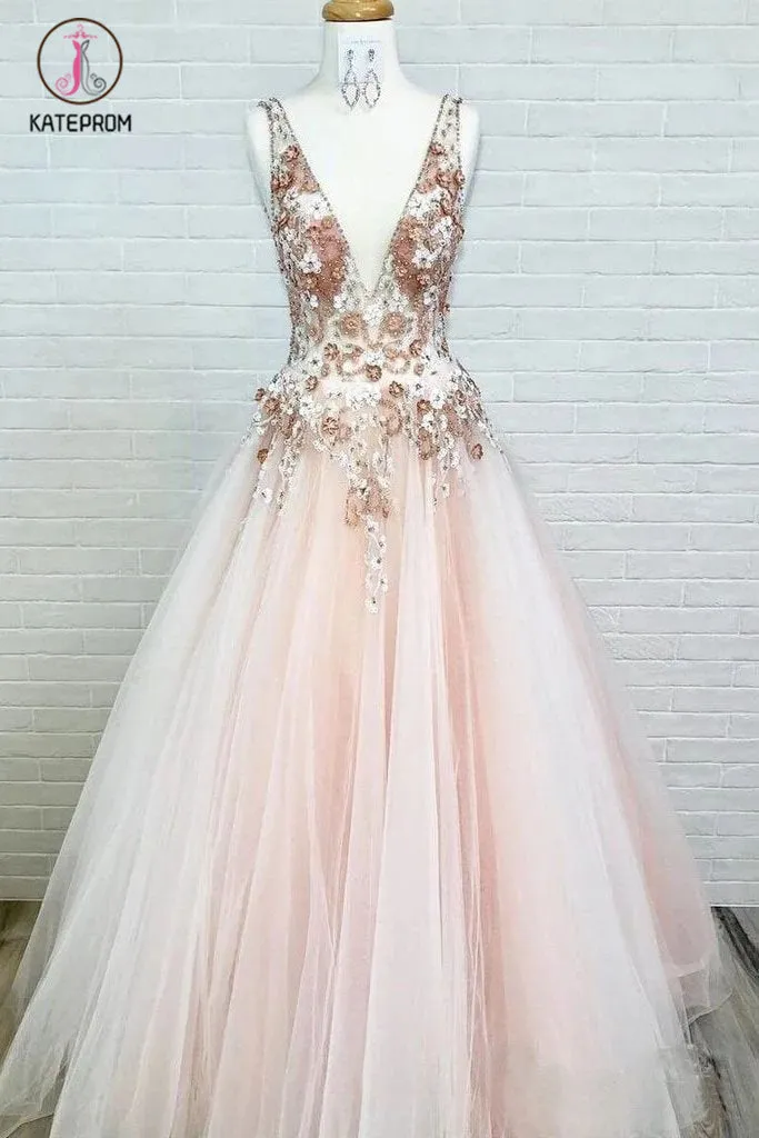 Kateprom Light Pink V Neck Sleeveless Tulle Prom Dress with Flowers and Beads KPP1102