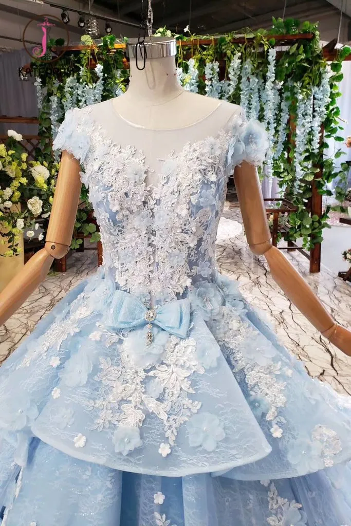 Kateprom Light Sky Blue Gorgeous Prom Dress with Flowers, Ball Gown Quinceanera Dress with Beads KPP1014