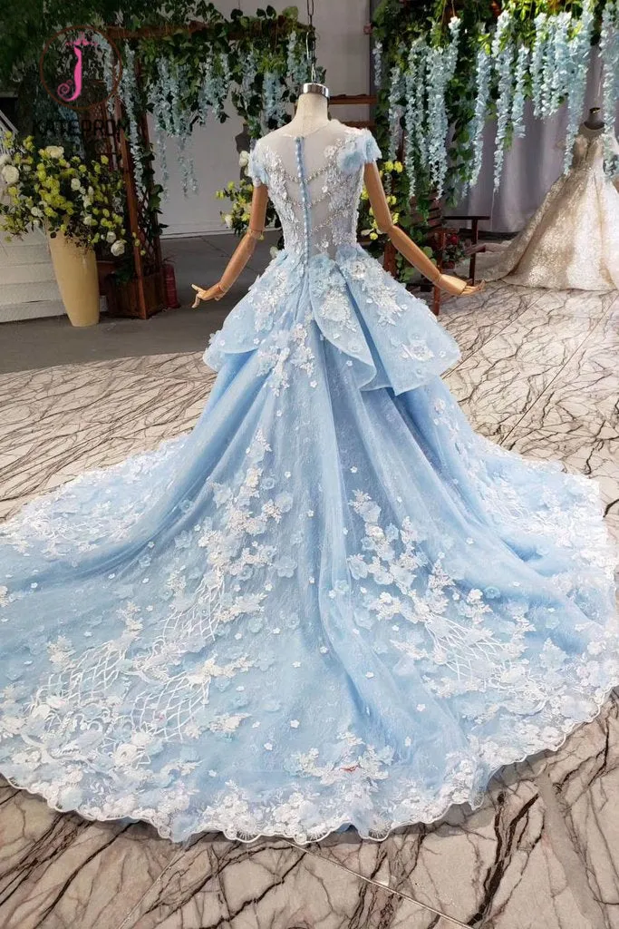 Kateprom Light Sky Blue Gorgeous Prom Dress with Flowers, Ball Gown Quinceanera Dress with Beads KPP1014