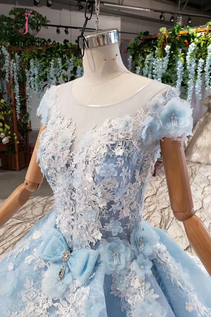 Kateprom Light Sky Blue Gorgeous Prom Dress with Flowers, Ball Gown Quinceanera Dress with Beads KPP1014