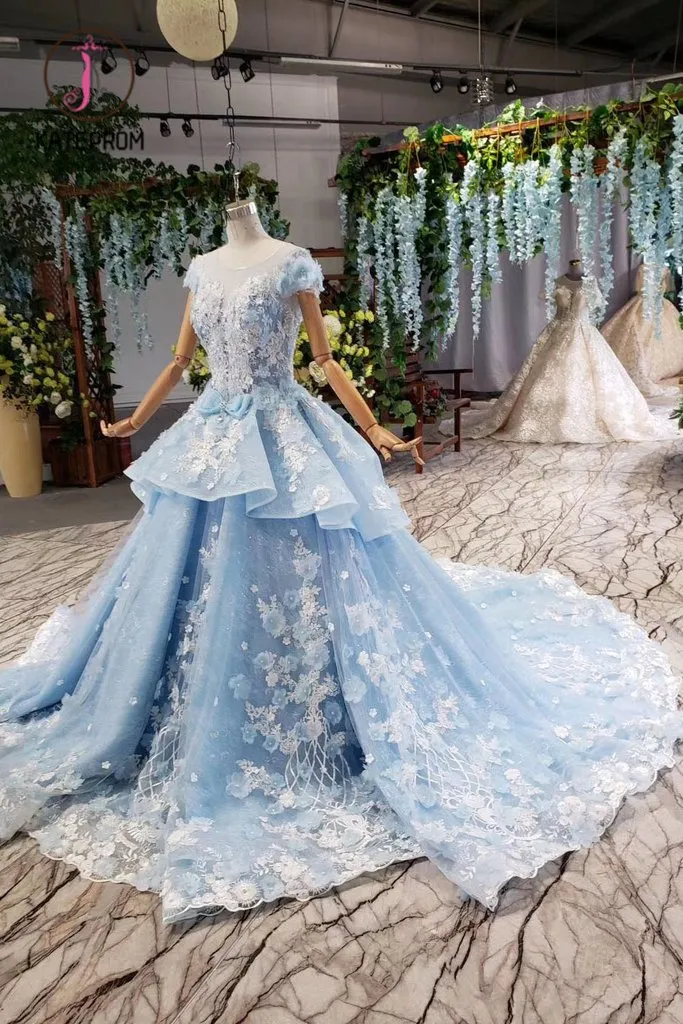 Kateprom Light Sky Blue Gorgeous Prom Dress with Flowers, Ball Gown Quinceanera Dress with Beads KPP1014