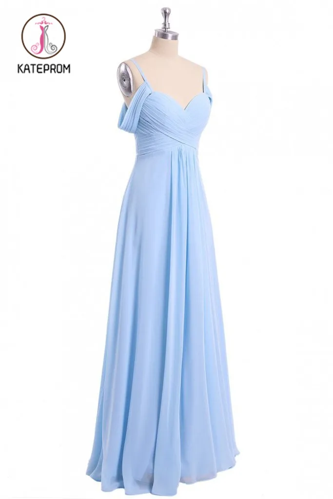 Kateprom Light Sky Blue Off Shoulder Spaghetti Strap Chiffon Dresses, Floor Length Formal Dress KPP0989