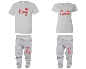 King & Queen Couple Matching T-Shirts & Jogger Pants – 4-Piece Set: Men’s and Women’s Styles Sold Separately in Red Glitter Design