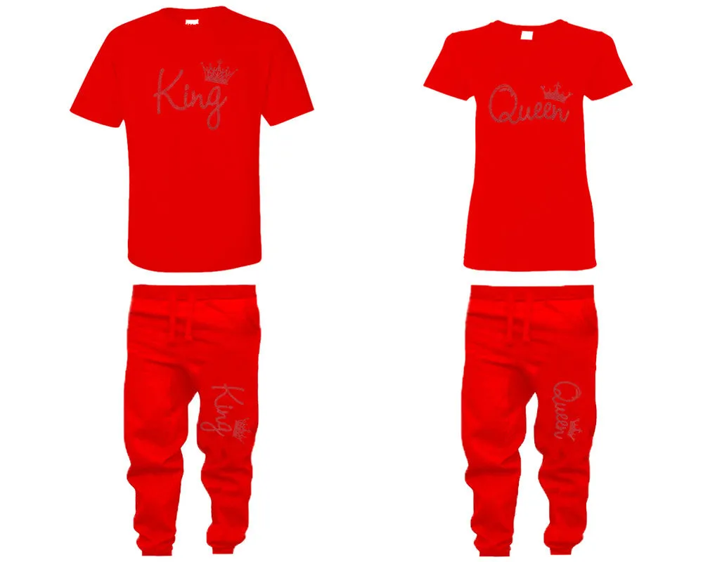 King & Queen Couple Matching T-Shirts & Jogger Pants – 4-Piece Set: Men’s and Women’s Styles Sold Separately in Red Glitter Design