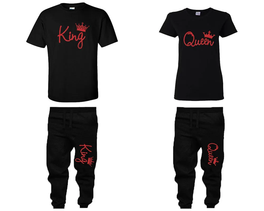 King & Queen Couple Matching T-Shirts & Jogger Pants – 4-Piece Set: Men’s and Women’s Styles Sold Separately in Red Glitter Design