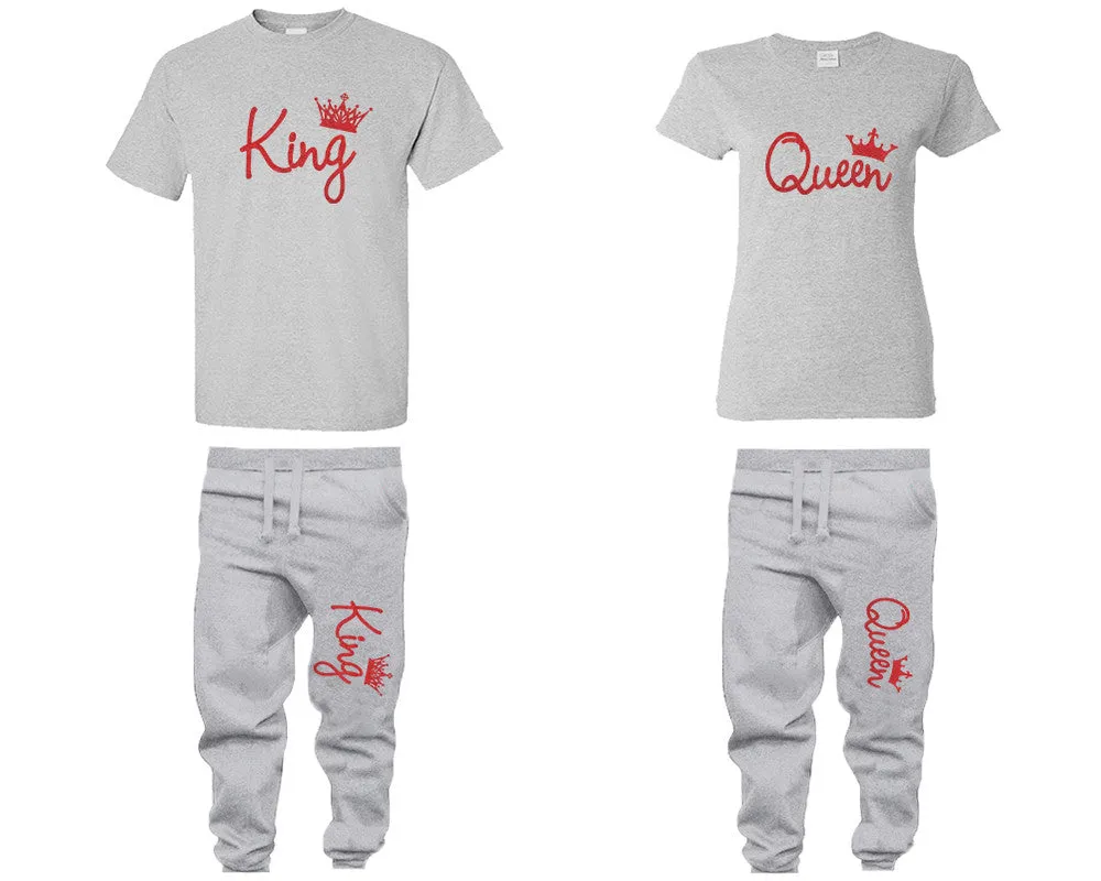 King & Queen Couple Matching T-Shirts & Jogger Pants – 4-Piece Set: Men’s and Women’s Styles Sold Separately in Red Glitter Design