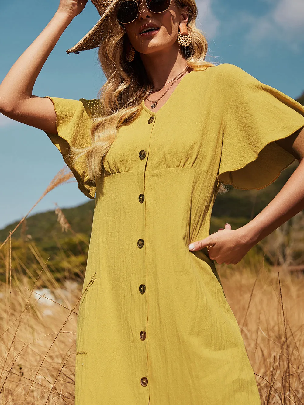 KittenAlarm - Fresh and Casual Lotus Leaf Sleeve Yellow Dress