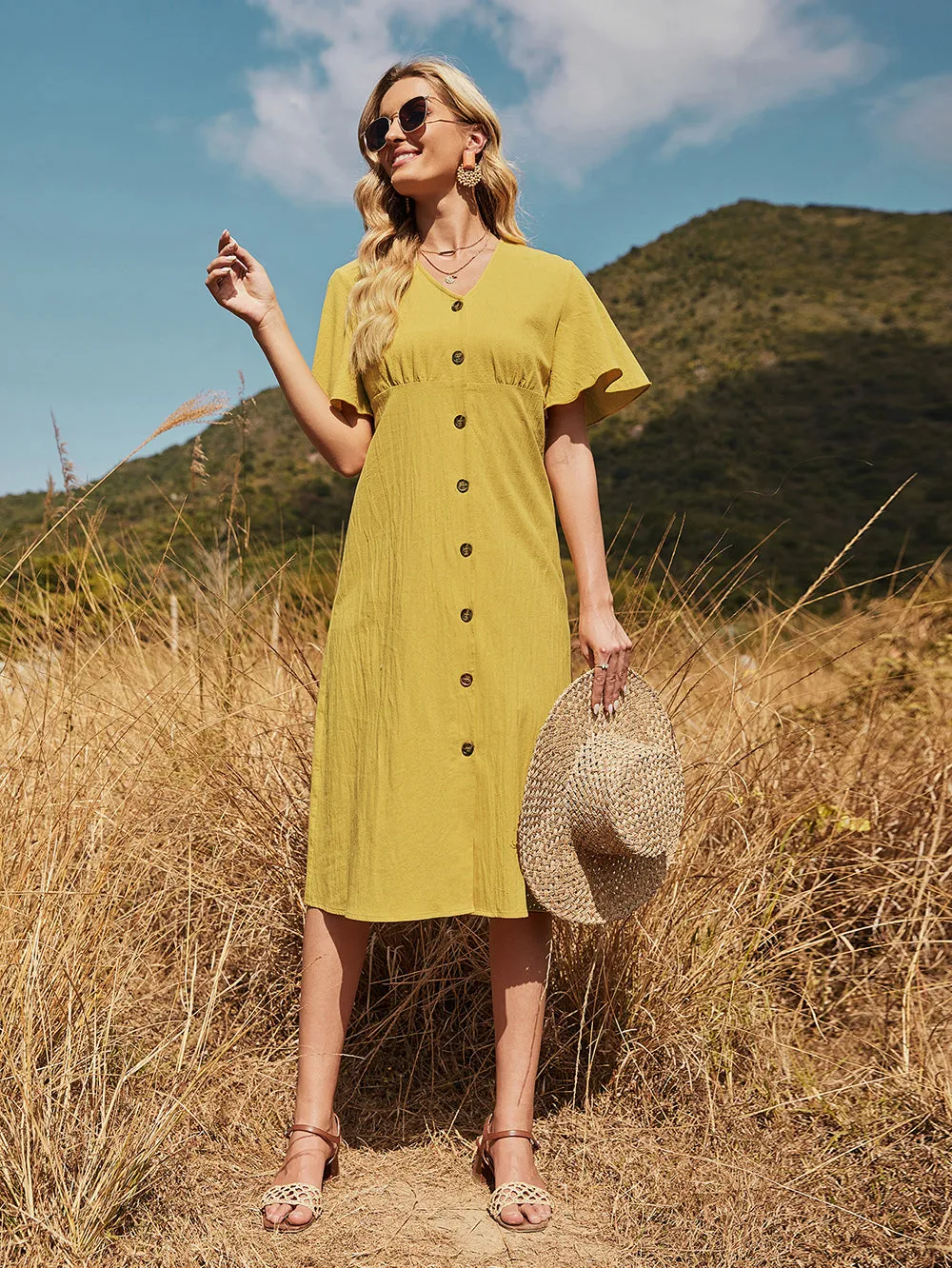 KittenAlarm - Fresh and Casual Lotus Leaf Sleeve Yellow Dress