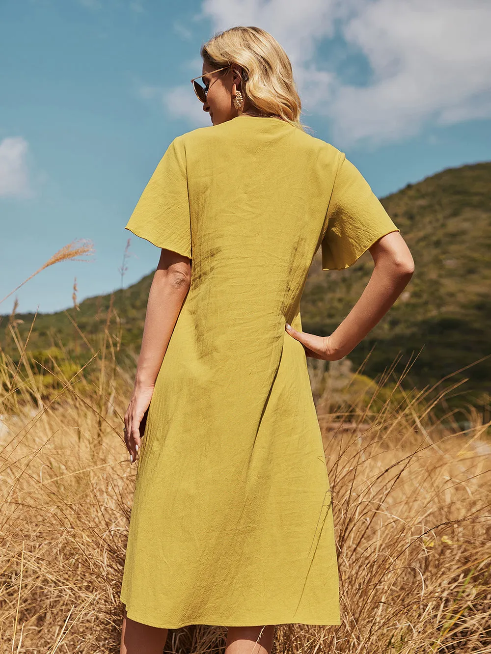 KittenAlarm - Fresh and Casual Lotus Leaf Sleeve Yellow Dress