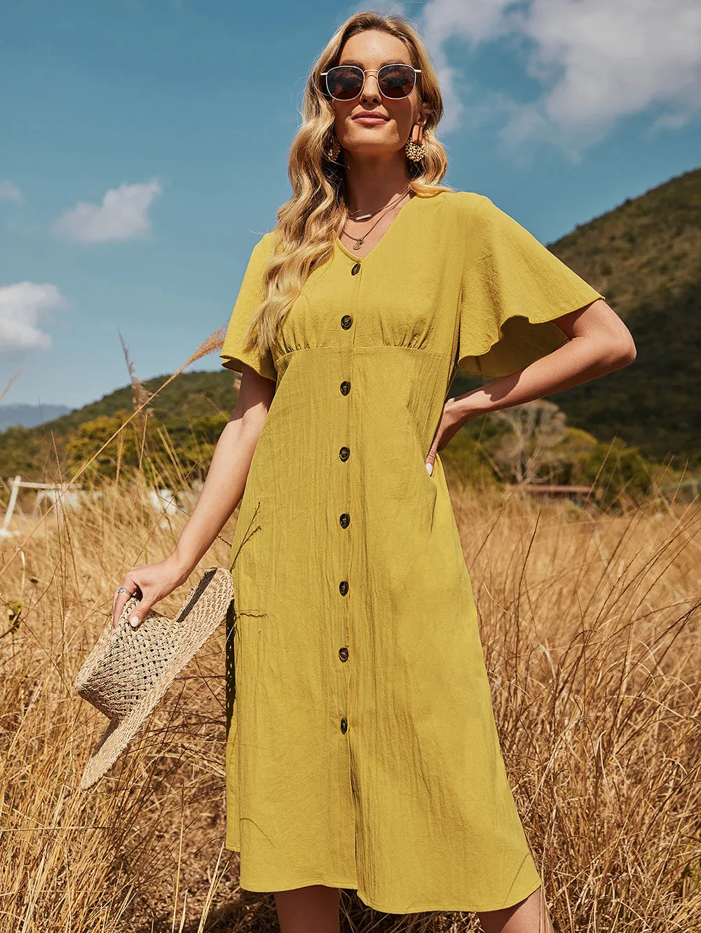 KittenAlarm - Fresh and Casual Lotus Leaf Sleeve Yellow Dress