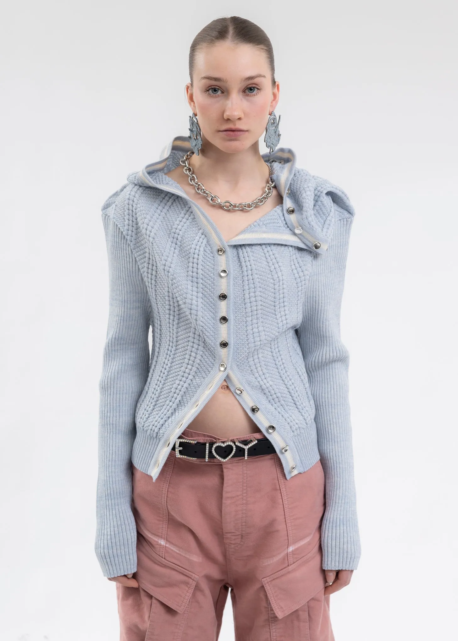 LIGHT BLUE CLASSIC RUFFLE NECKLACE CARDIGAN