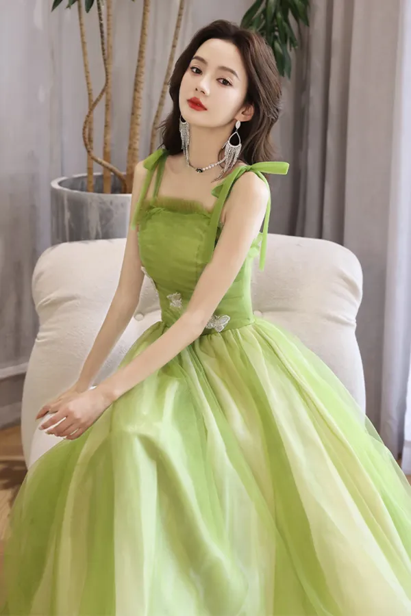 Light Green A Line Straps Tulle Long Party Dress, Light Green Tulle Prom Dress KPP1951