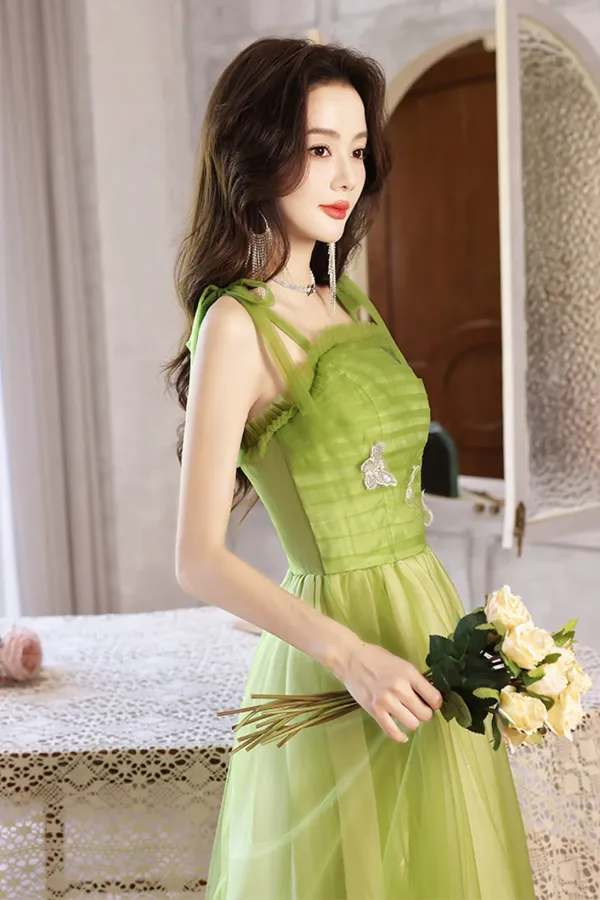 Light Green A Line Straps Tulle Long Party Dress, Light Green Tulle Prom Dress KPP1951