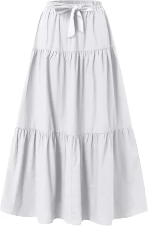 Linen Maxi Skirts for Women 2025 Summer Bow Elastic Waist A Line Tiered Boho Skirt Vacation Beach Long Pleated Skirt