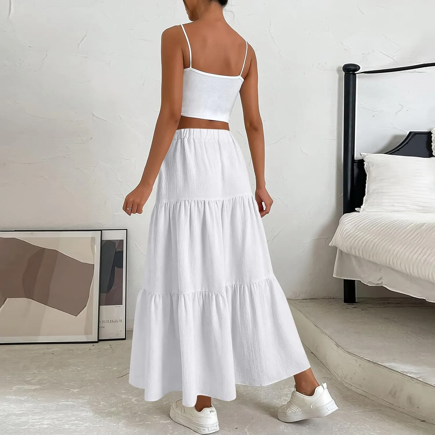 Linen Maxi Skirts for Women 2025 Summer Bow Elastic Waist A Line Tiered Boho Skirt Vacation Beach Long Pleated Skirt