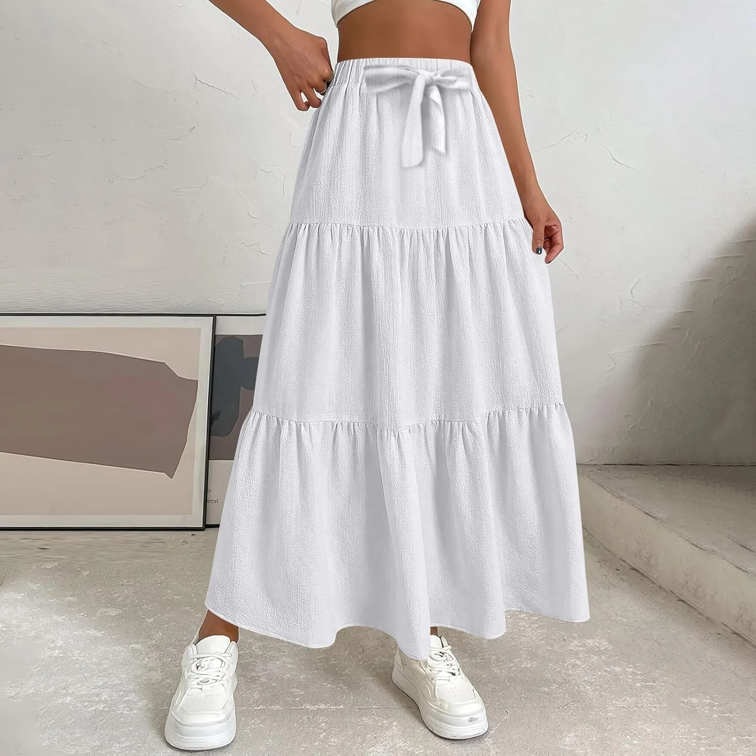 Linen Maxi Skirts for Women 2025 Summer Bow Elastic Waist A Line Tiered Boho Skirt Vacation Beach Long Pleated Skirt