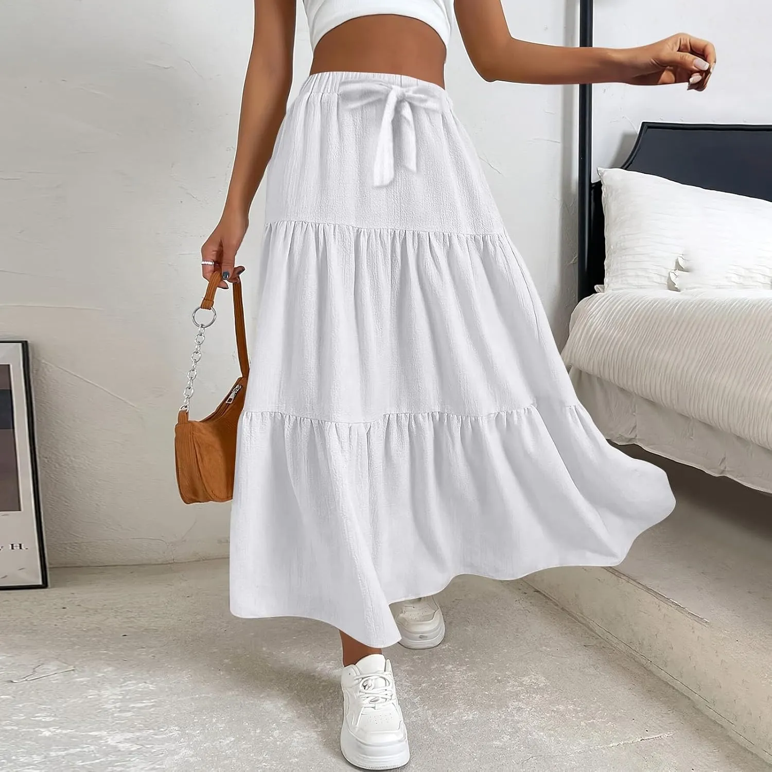 Linen Maxi Skirts for Women 2025 Summer Bow Elastic Waist A Line Tiered Boho Skirt Vacation Beach Long Pleated Skirt