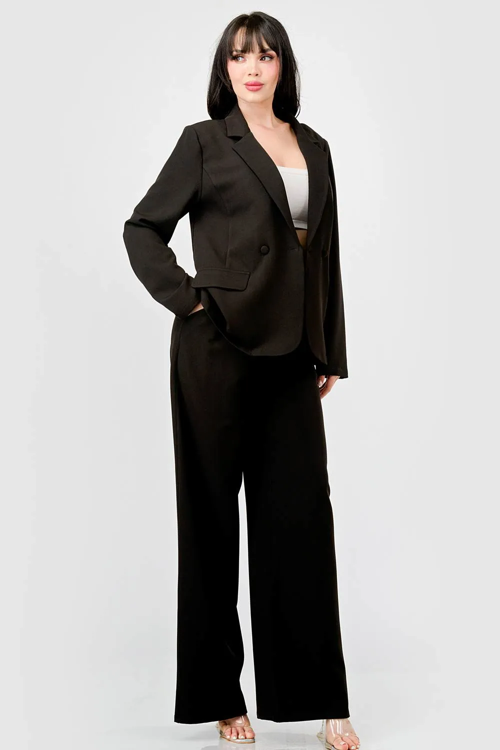 LUXE STRETCH WOVEN LOOSE FIT BLAZER AND PANTS SET