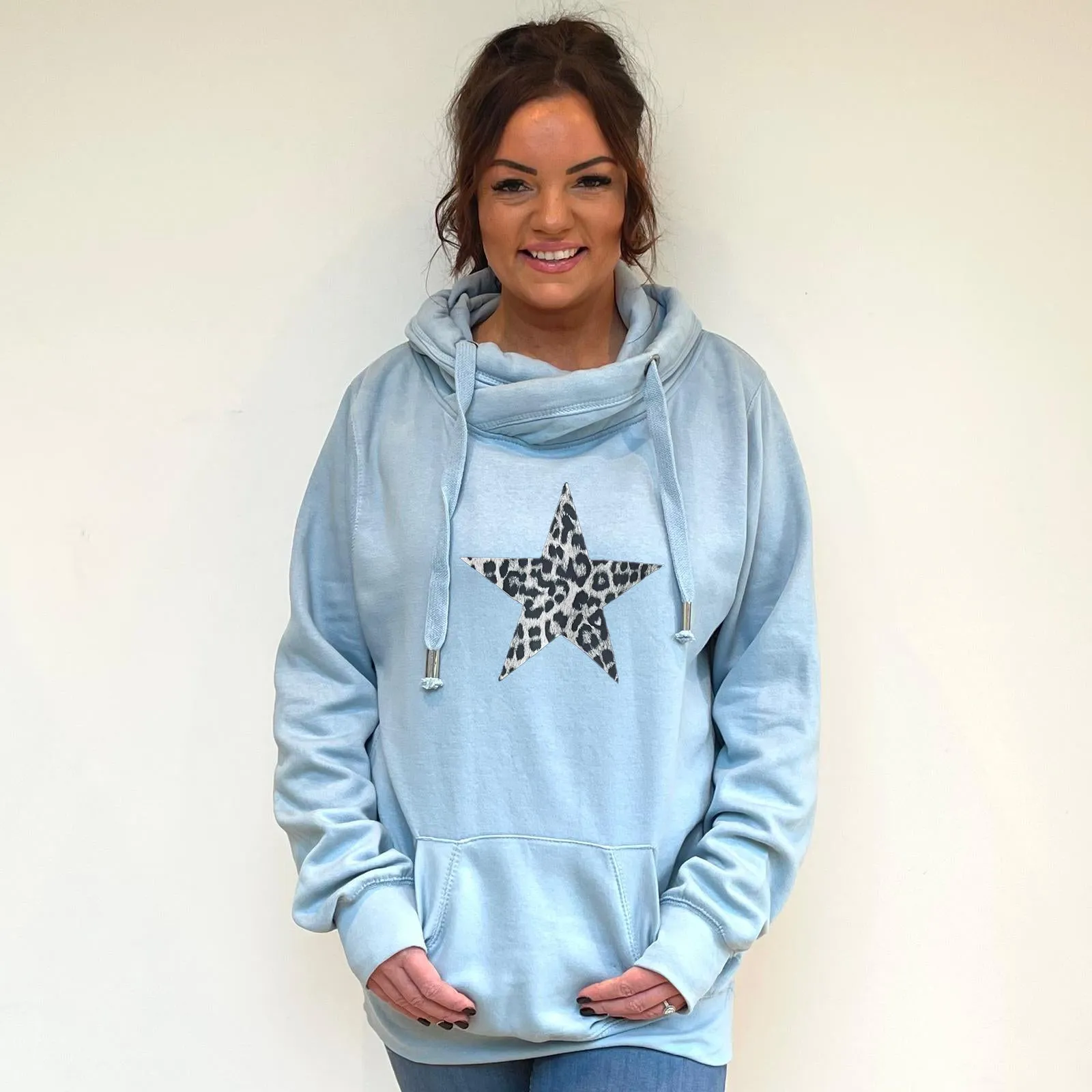 Luxury Cowl Neck Silver Leopard Star Hoodie - Sky