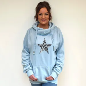 Luxury Cowl Neck Silver Leopard Star Hoodie - Sky