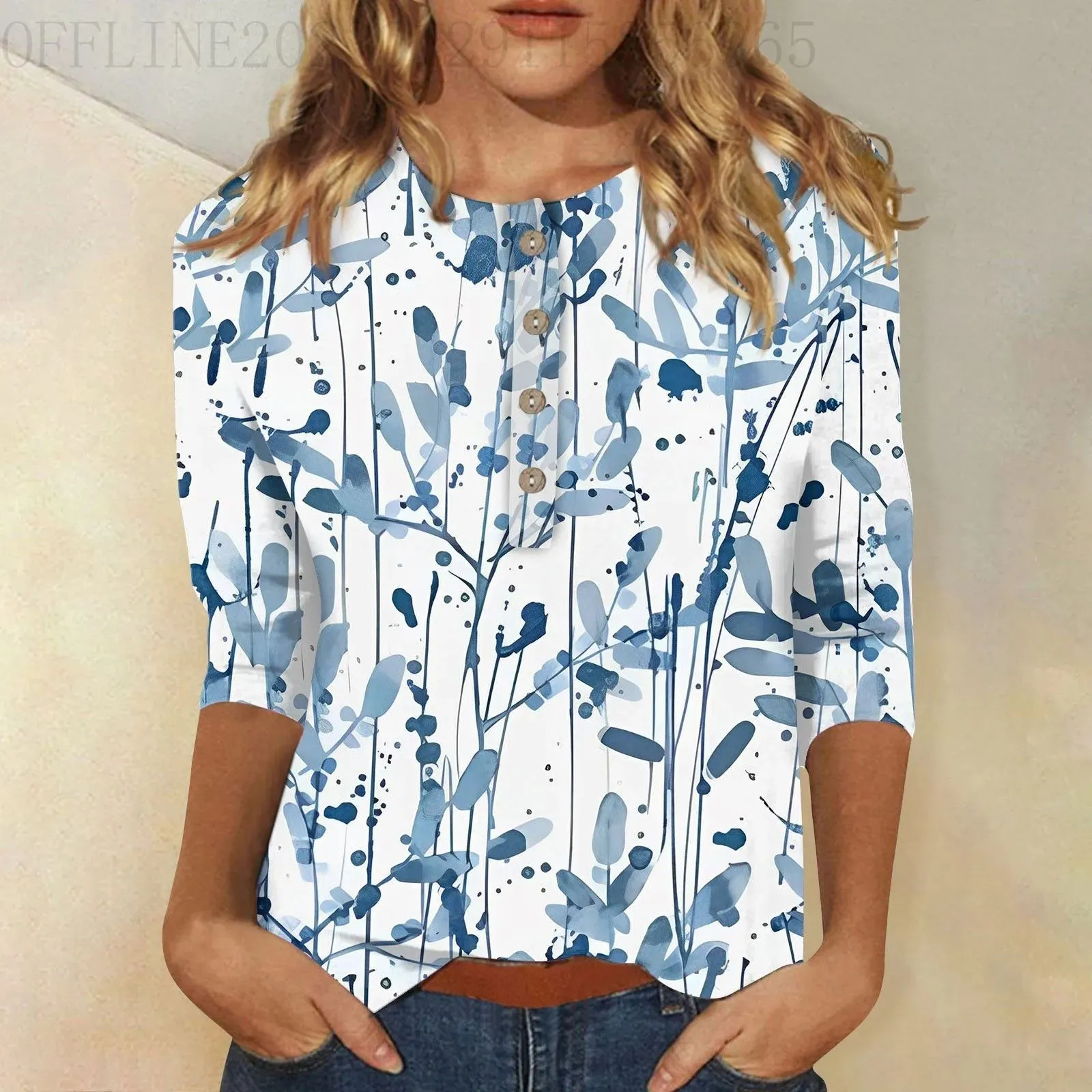 LVSANW Womens Three-Quarter Sleeve Tops Casual Button Down Summer Shirts Loose Comfortable Versatile Bohemian Seaside Simple Blouse
