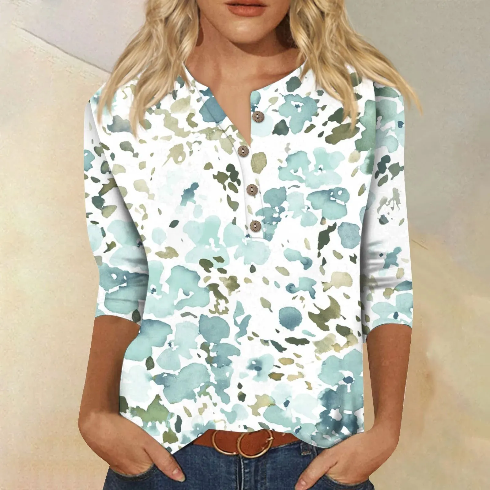 LVSANW Womens Three-Quarter Sleeve Tops Casual Button Down Summer Shirts Loose Comfortable Versatile Bohemian Seaside Simple Blouse