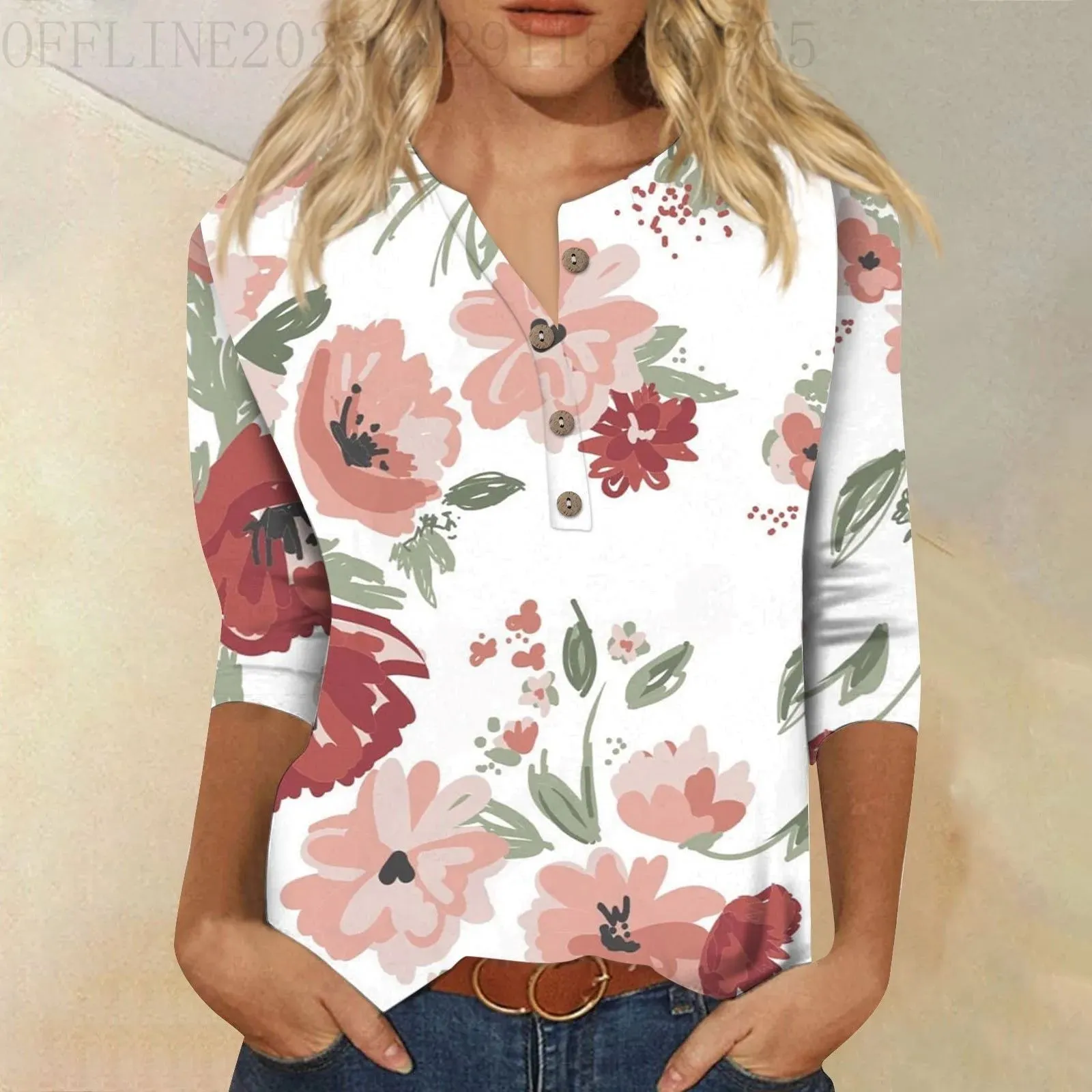 LVSANW Womens Three-Quarter Sleeve Tops Casual Button Down Summer Shirts Loose Comfortable Versatile Bohemian Seaside Simple Blouse