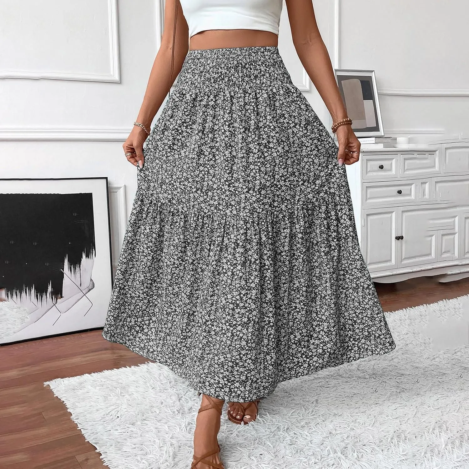 Maxi Skirts for Women 2025 Floral Print Boho Skirt High Waisted Summer Long Skirt Trendy Tiered Flowy Skirts