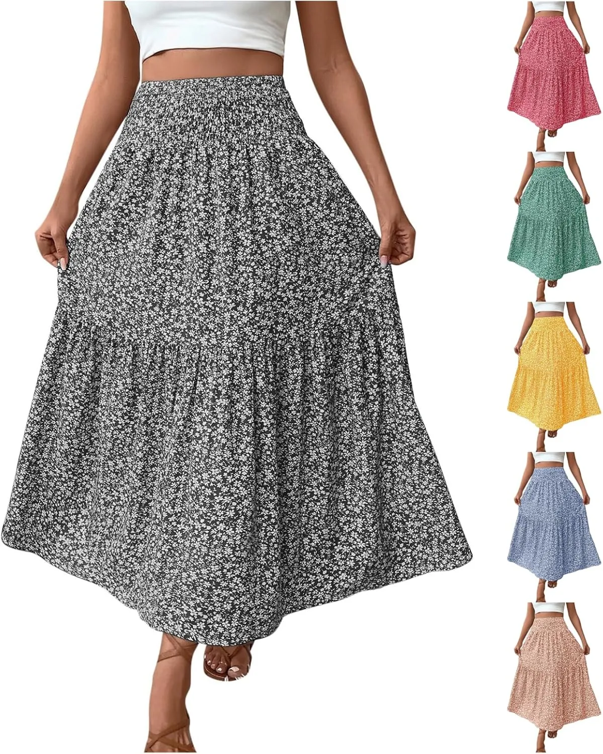 Maxi Skirts for Women 2025 Floral Print Boho Skirt High Waisted Summer Long Skirt Trendy Tiered Flowy Skirts