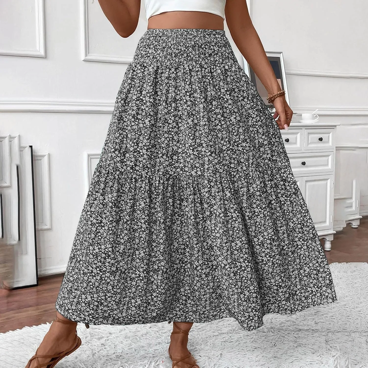 Maxi Skirts for Women 2025 Floral Print Boho Skirt High Waisted Summer Long Skirt Trendy Tiered Flowy Skirts