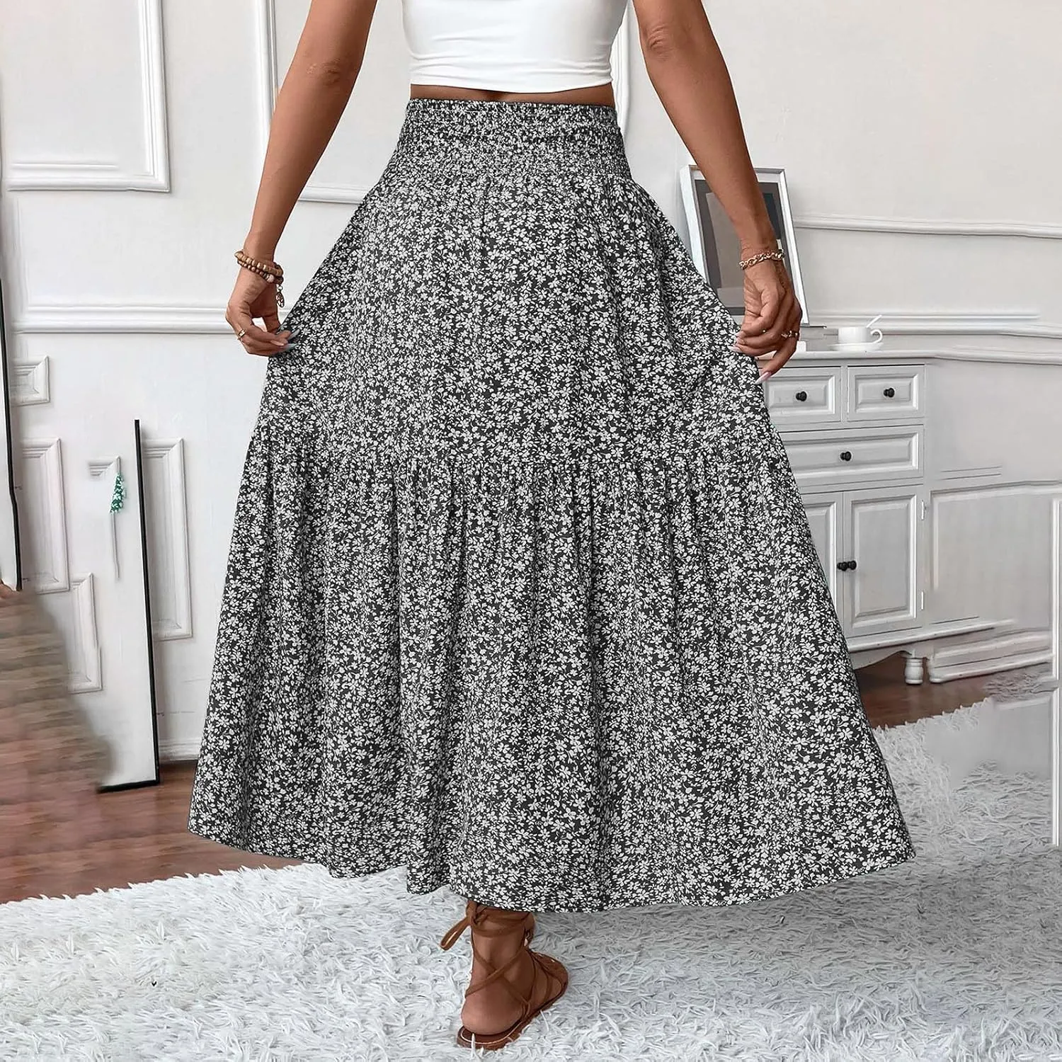 Maxi Skirts for Women 2025 Floral Print Boho Skirt High Waisted Summer Long Skirt Trendy Tiered Flowy Skirts