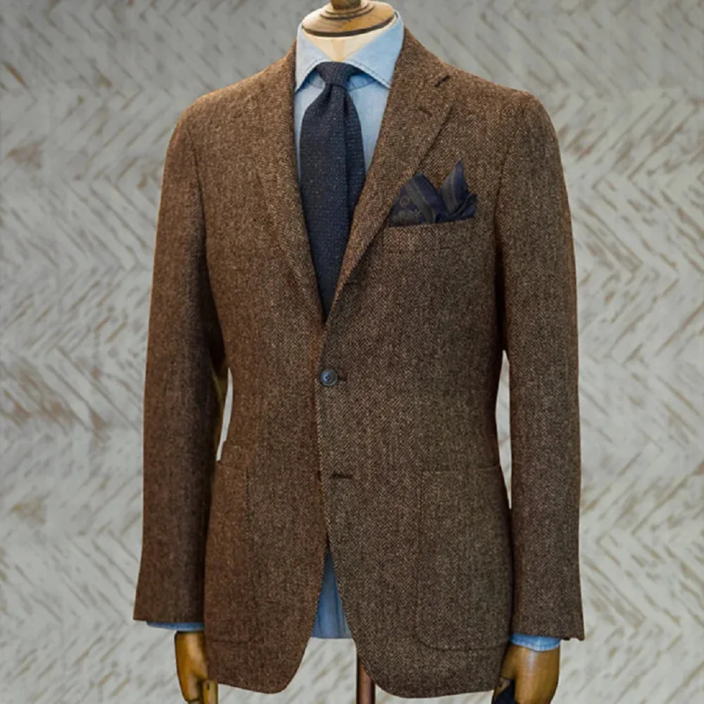 Mens British Herringbone Tweed Wool Suit Jacket