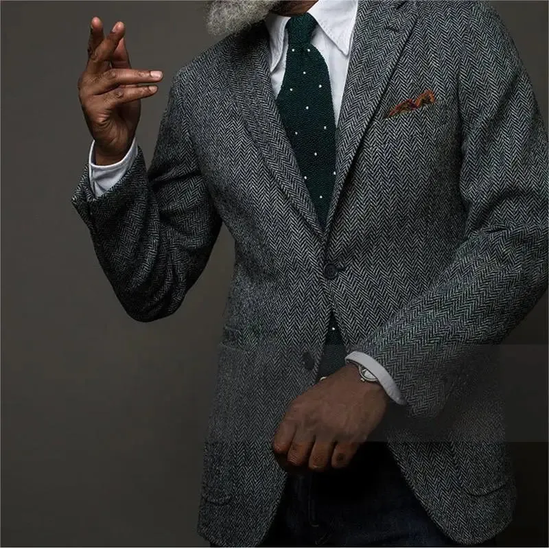 Mens British Herringbone Tweed Wool Suit Jacket