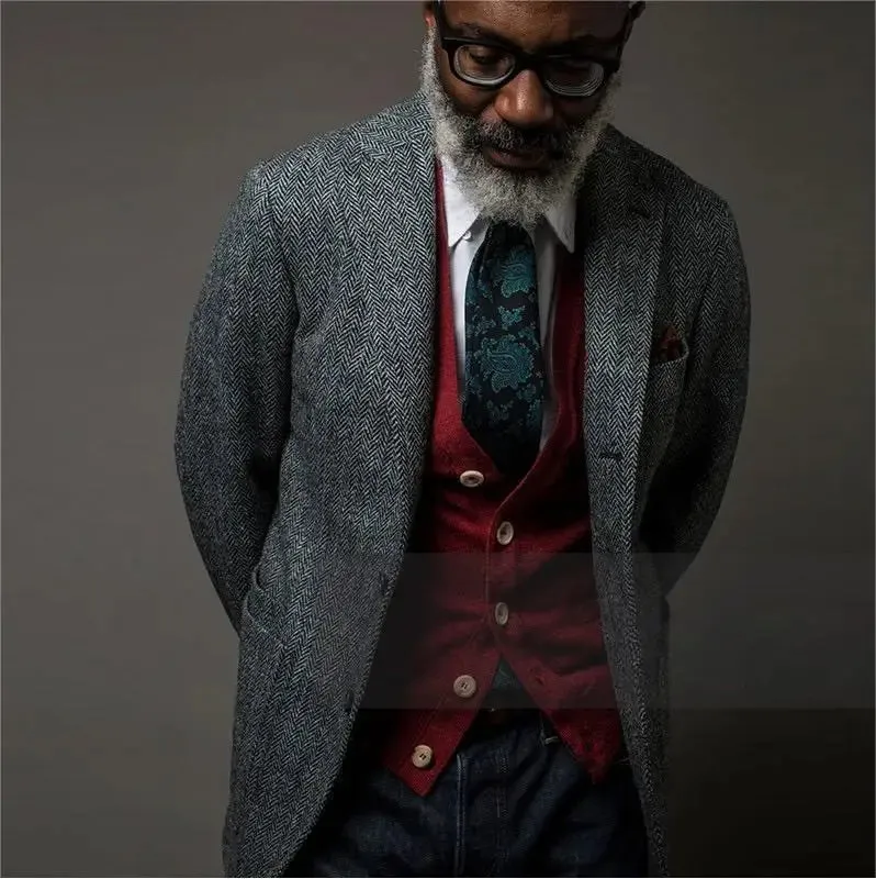 Mens British Herringbone Tweed Wool Suit Jacket