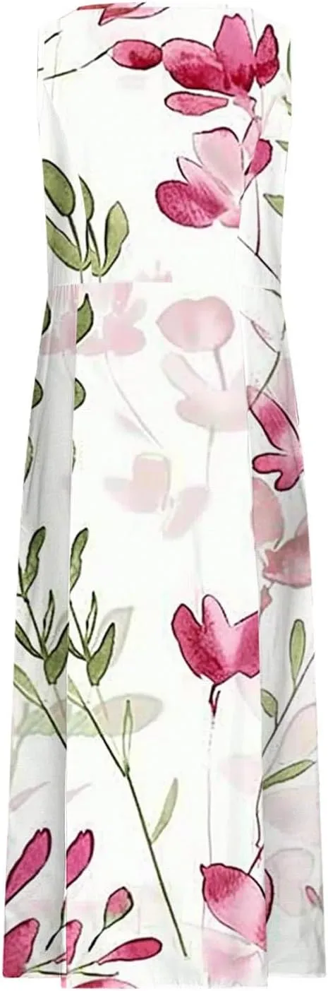 Mzkdieey Women's Cotton Linen Maxi Dresses Summer Casual Scoop Neck Sleeveless Tank Dress Plus Size Beach Dress with Pockets