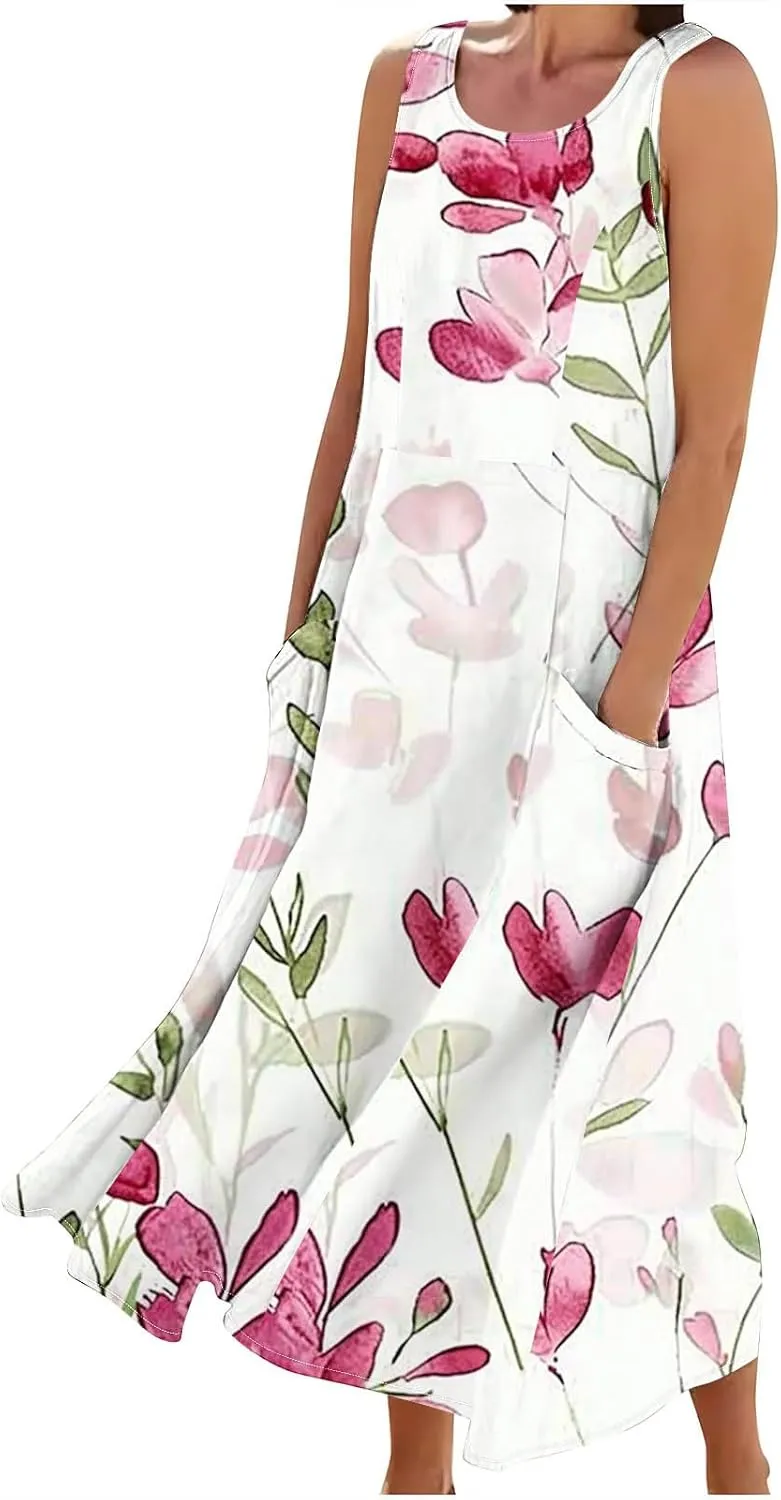 Mzkdieey Women's Cotton Linen Maxi Dresses Summer Casual Scoop Neck Sleeveless Tank Dress Plus Size Beach Dress with Pockets
