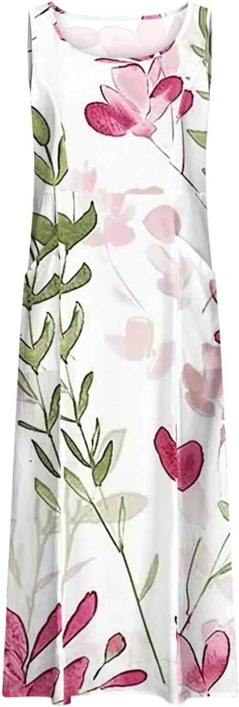 Mzkdieey Women's Cotton Linen Maxi Dresses Summer Casual Scoop Neck Sleeveless Tank Dress Plus Size Beach Dress with Pockets