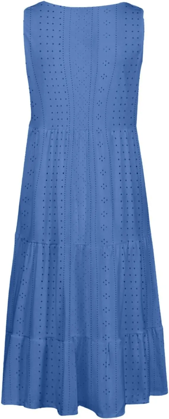 Mzkdieey Women's Eyelet Dresses Summer Tiered Ruffle Hem Mini Swing Dress Casual Sleeveless Crew Neck Flowy Beach Dress