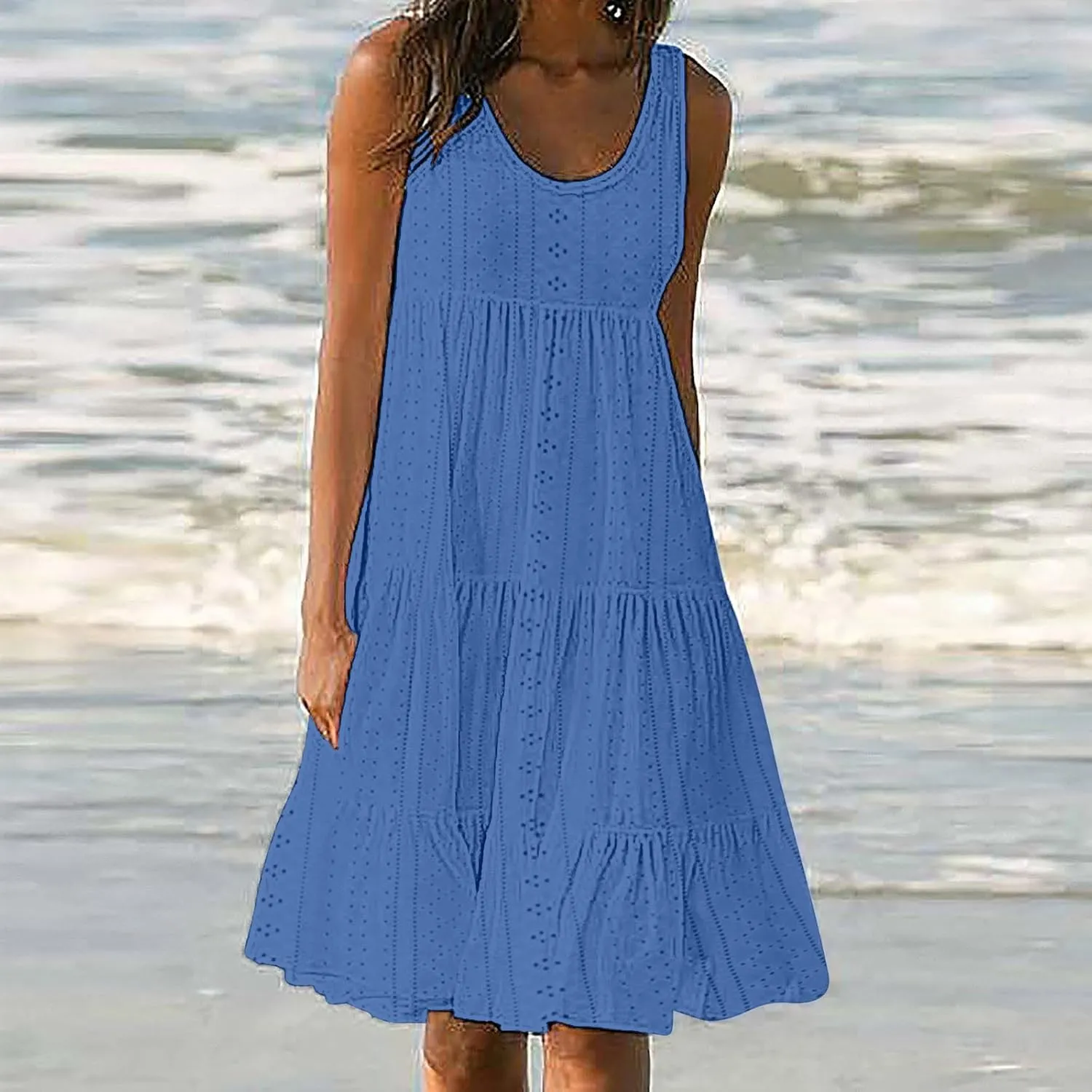 Mzkdieey Women's Eyelet Dresses Summer Tiered Ruffle Hem Mini Swing Dress Casual Sleeveless Crew Neck Flowy Beach Dress