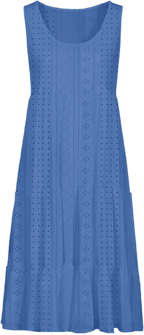 Mzkdieey Women's Eyelet Dresses Summer Tiered Ruffle Hem Mini Swing Dress Casual Sleeveless Crew Neck Flowy Beach Dress