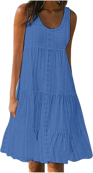 Mzkdieey Women's Eyelet Dresses Summer Tiered Ruffle Hem Mini Swing Dress Casual Sleeveless Crew Neck Flowy Beach Dress