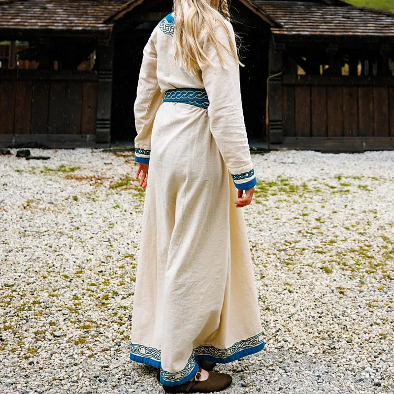 Natural & Blue Embroidered Dress - Light Cotton