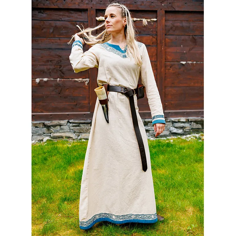 Natural & Blue Embroidered Dress - Light Cotton